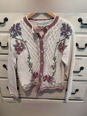Vintage Russ Floral Knit Cardigan Boho Granny Sweater Small